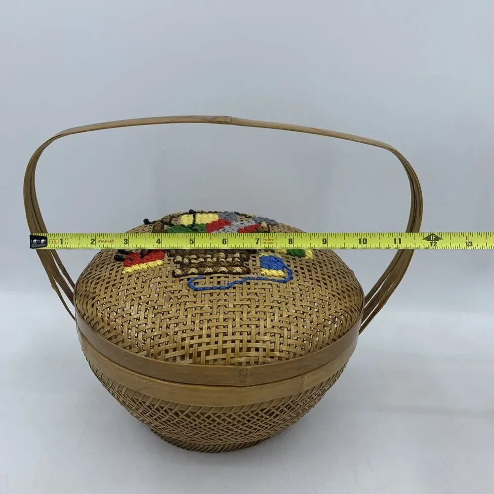 Vtg Rattan Sewing Basket Crochet Handmade‎ Boho Farmhouse Unique Cottagecore